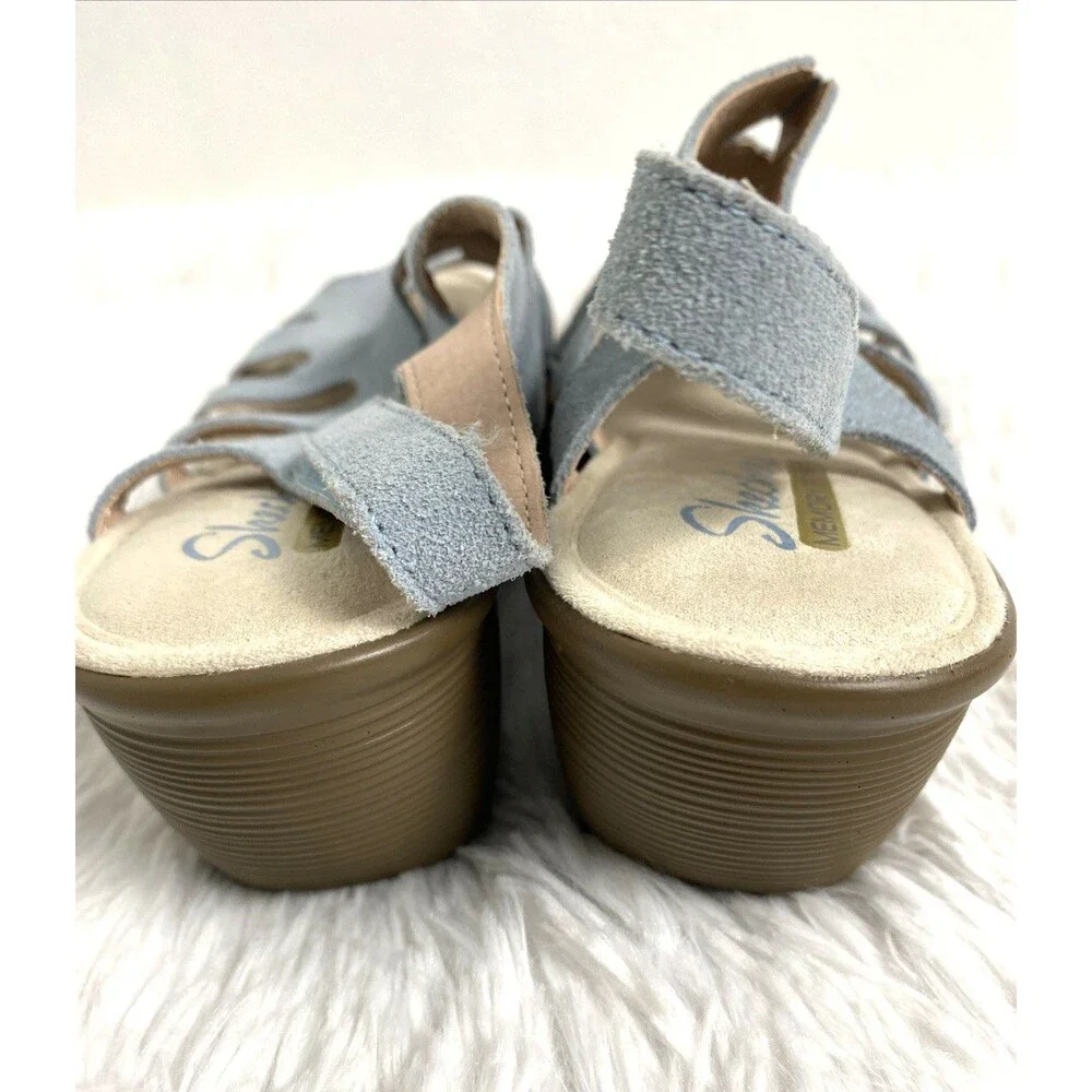 Skechers Memory Foam Womens Wedge Sandals Size 8 Blue Sky Suede Slingback - Picture 4 of 12